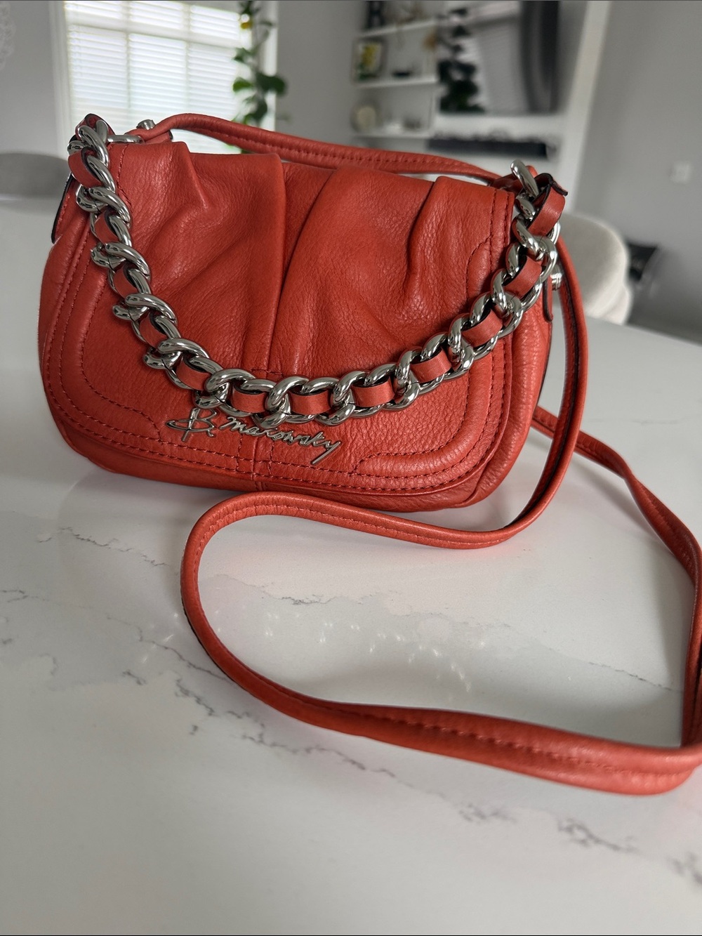 b. makowsky Orange Leather Crossbody with Silver Chain